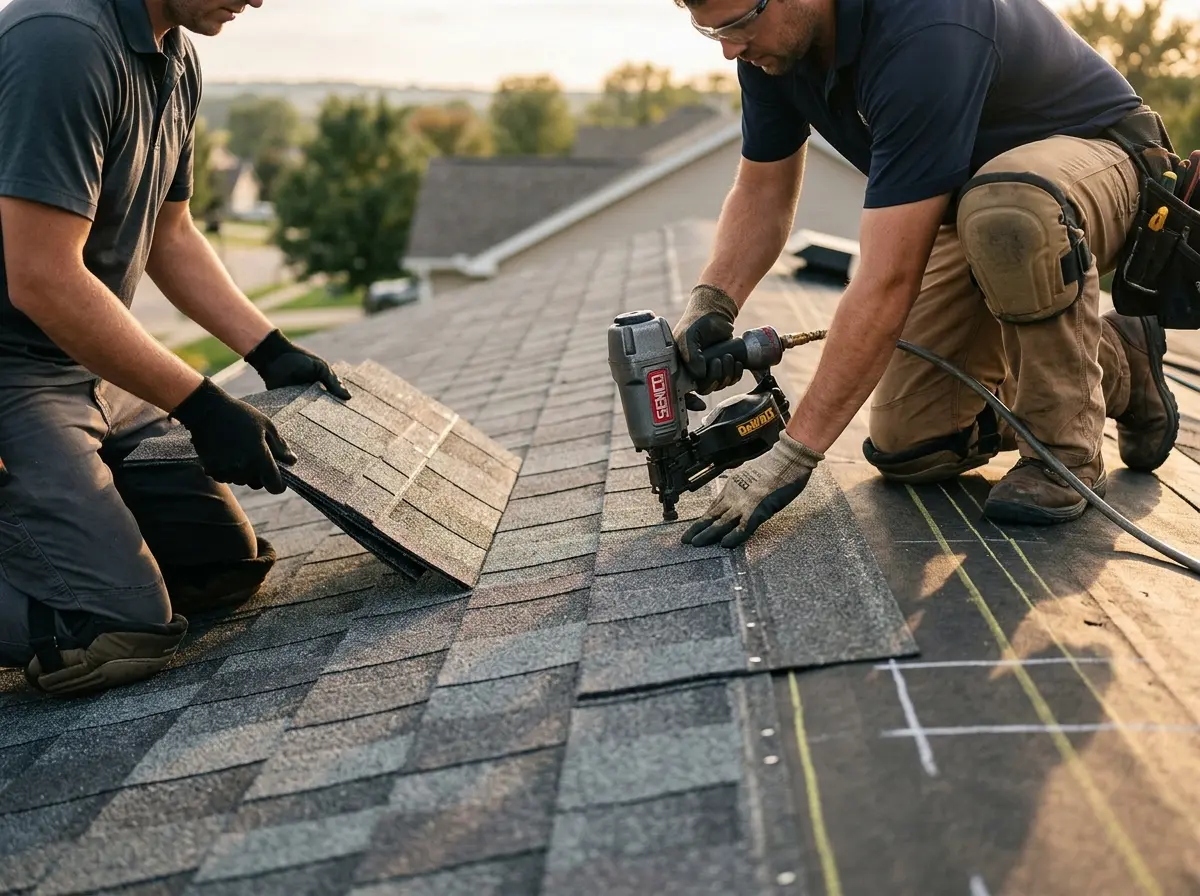 Professional roofer working on a residential roof in Beaver Dam